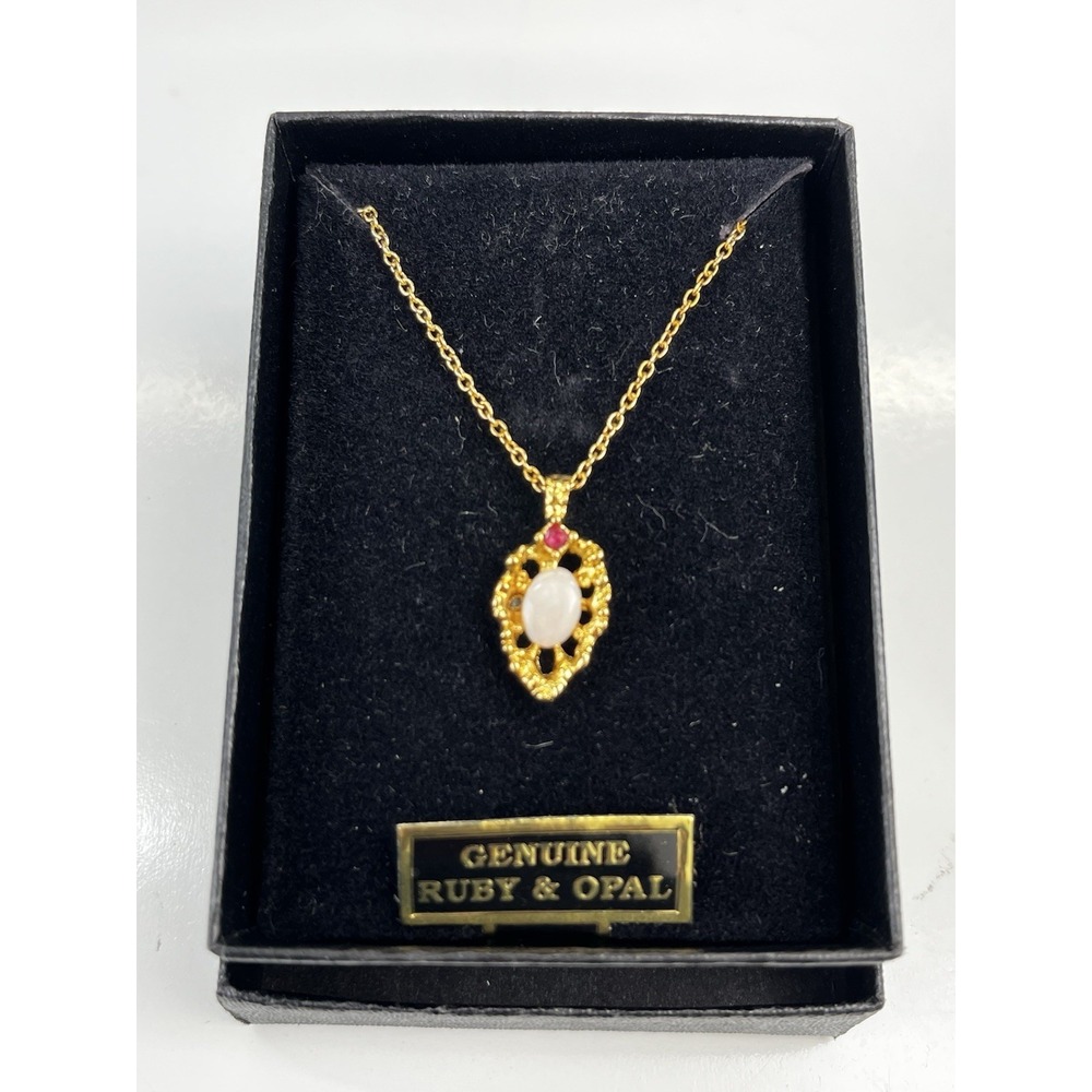 NEW Vintage Van Doran Genuine Ruby+‎ Fire Opal Gold Tone Pendant Necklace
